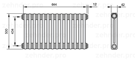 Схема (чертеж) Радиатор Zehnder Charleston 2050/14 №1270 Белый глянцевый RAL 9016